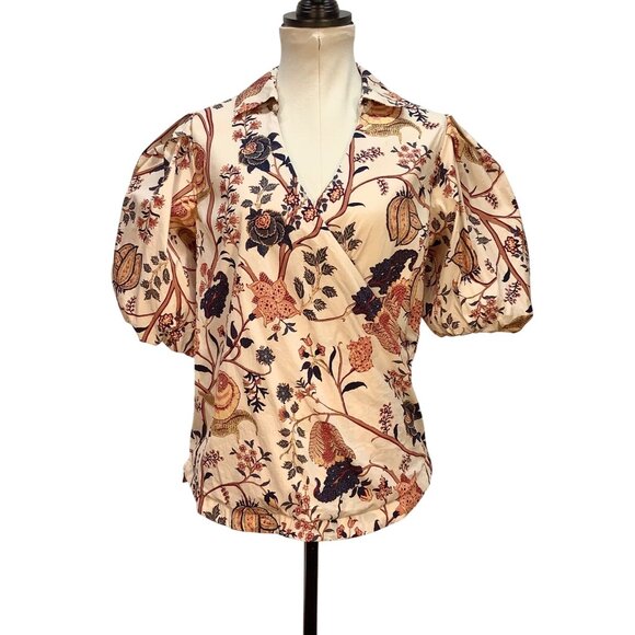 Elie Tahari Floral Puff Sleeve Blouse Womens M Ivory Multicolor Office Siren Cla - Picture 2 of 9